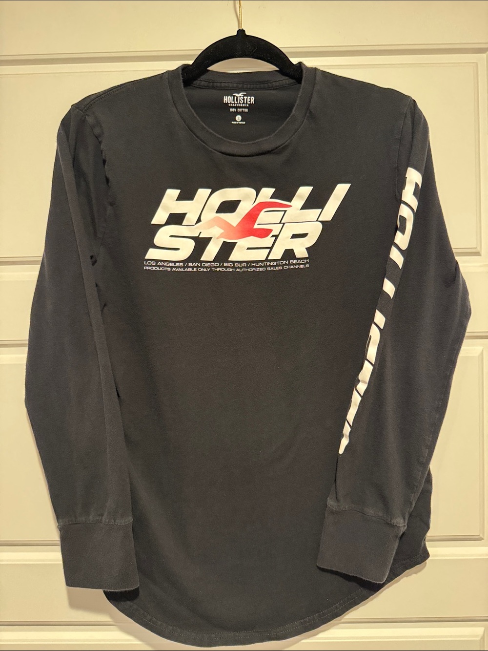 Hollister Black Long-Sleeve Tee with White and Red Logo